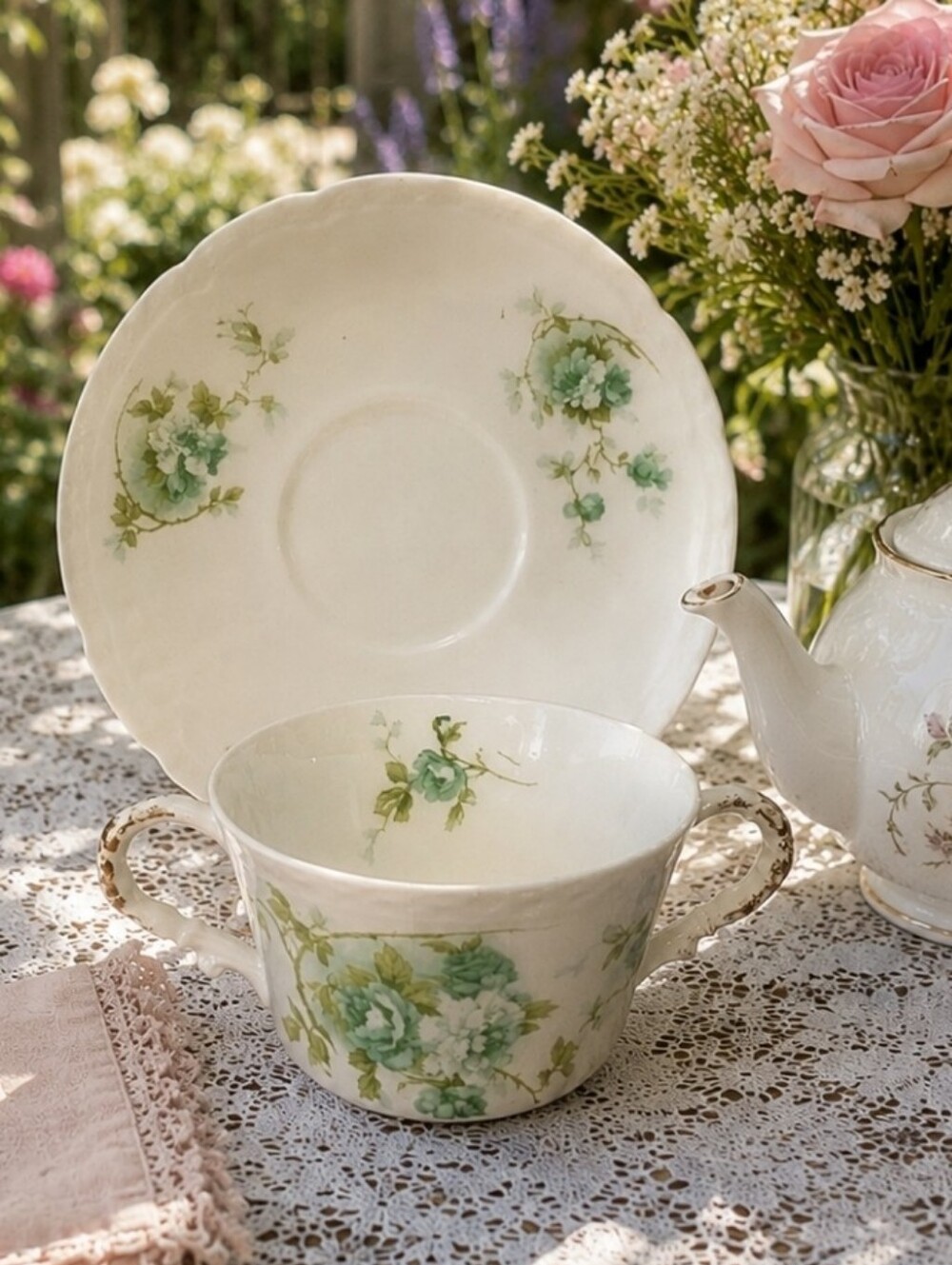 France Limoges CORONET Green Flower Broth Bowl EUC Mother’s Day Gift Vintage